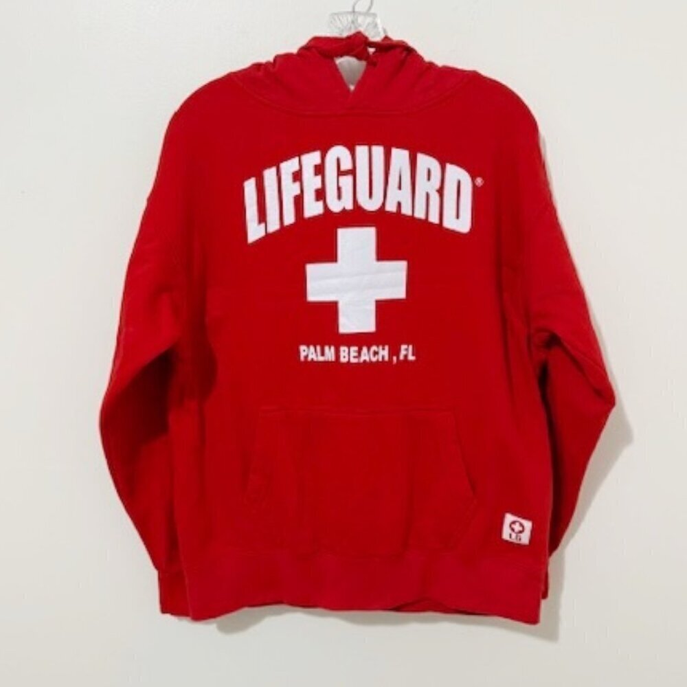 Lifeguard Red Long Sleeve Hoodie Sweatshirt Palm Beach Florida Adult Size M